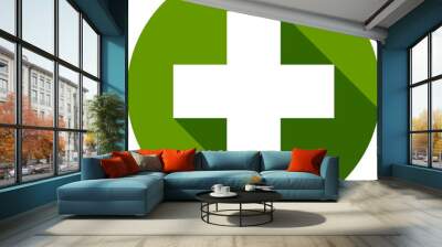 Green plus sign. Vector icon. Cross symbol of safety guidance. Wall mural