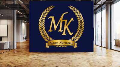 Initial letter M and K, MK monogram logo design with laurel wreath. Luxury golden calligraphy font. Wall mural