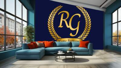 Initial letter R and G, RG monogram logo design with laurel wreath. Luxury golden calligraphy font. Wall mural