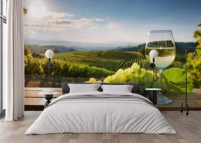 Refreshing Glass of White Wine Amidst Lush Vineyard Grapes on a Sunny Afternoon Wall mural