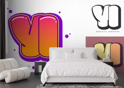 YI logo design for festival or party. Initial letter y and i in graffiti style. Creative modern lettering company name of font typography. Kids trendy logotype or identity. Wall mural