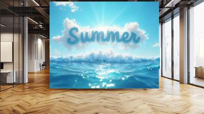 a beautiful ocean wave and sun, against a blue sky background with text inscription Summer, a paradise resort seascape Wall mural