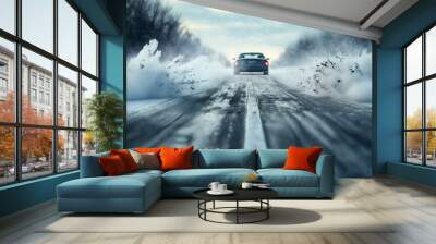 a car drives fast on a winter slippery road creating a whirlwind of snow, the concept of safety on a slippery road Wall mural