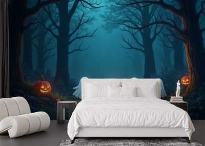 A group of cute ghosts in the forest at night celebrating Halloween, moonlight, autumn nature Wall mural