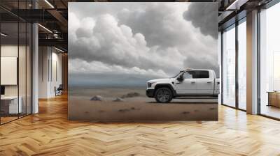 A pickup truck is driving down the road. Dark dramatic landscape as background, gloomy sky with rainy clouds, forest and hill. Generative AI. Wall mural