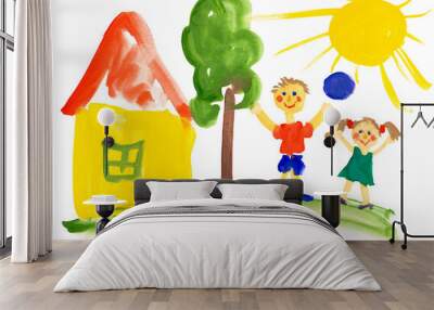 children playing near the house. watercolor drawing Wall mural