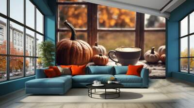 for halloween holiday, a cup of hot latte and pumpkins on a windowsill, beautiful autumn landscape outside the window, rural, still life, festive background Wall mural