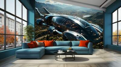 futuristic flying vehicle over the city, aerial view, cityscape, sky at sunset, aerial transportation of future Wall mural