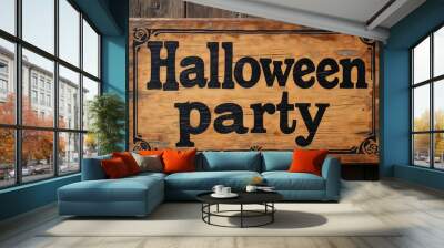 Halloween party banner, vintage style wooden sign board inscription, old wooden boards Wall mural