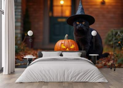 Halloween theme, a black cat in a sorcerer's hat posing next to a pumpkin against the background of autumn nature Wall mural