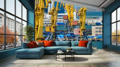 industrial seaport infrastructure, sea, ship and cranes, concept of sea cargo transportation Wall mural