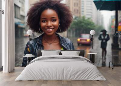 Portrait of a beautiful afro girl in headphones, rainy city street as a background. Generative AI. Wall mural