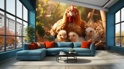 Portrait of a chicken family with a mother and small baby chickens in a nest, near a chicken coop on a ranch in the village, rural surroundings on the background of spring nature Wall mural