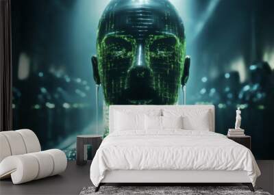 portrait of a humanoid robot with a hologram on its face and body in a dark room with army of soldiers on background, green color, science fiction concept and cyber art Wall mural