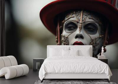 portrait of a man in a red hat, with decorations on his face, skin painted white, black shadows under his eyes Wall mural