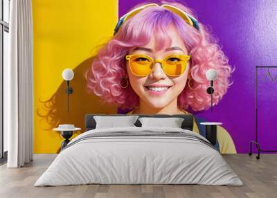 Portrait of a young asian girl with pink hair and sunglasses on abstract colorful painted wall background, summer vibrancy. Generative AI. Wall mural