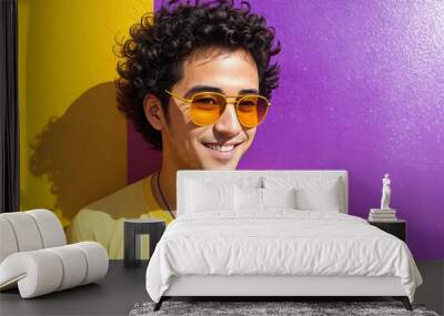 Portrait of an european man with curly dark hair and sunglasses on abstract colorful painted wall background, summer vibrancy. Generative AI. Wall mural