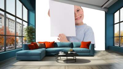 smiled boy with blank sheet paper Wall mural