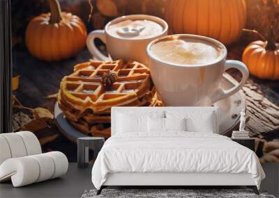 still life of a cup of hot latte and waffers and pumpkins on an old wooden table against the background of beautiful autumn nature at sunset, decoration for Halloween Wall mural