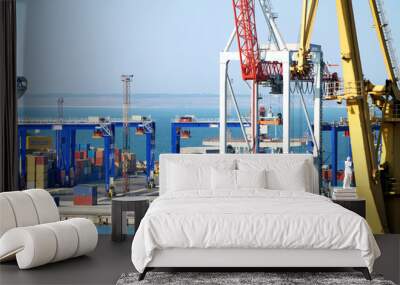 The trading seaport with cranes, cargoes and ship Wall mural