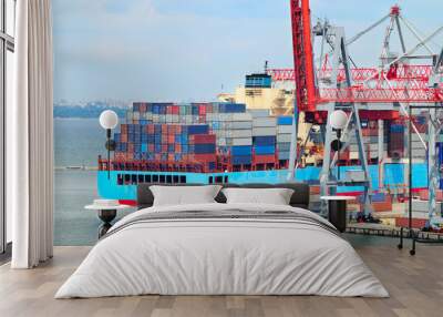 The trading seaport with cranes, cargoes and ship Wall mural