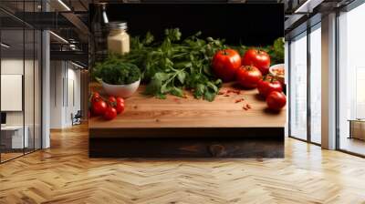 tomatoes and greens and bottles with oil on a table, beautiful still life Wall mural