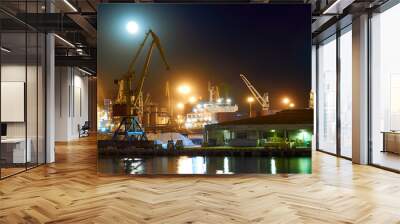 view of the industrial port at night - ships waiting for loading and unloading, cargo transportation by sea Wall mural