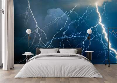 Fork lightning striking down during summer storm Wall mural