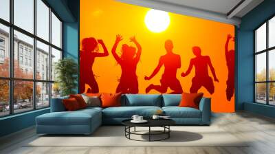 Silhouettes of teenage boys and girls jumping high in the air on sunny summer day Wall mural