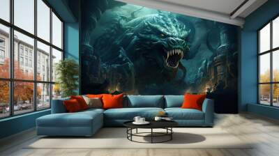 The powerful and regal Leviathan, a sea serpent of biblical proportions, depicted in a captivating underwater scene filled with swirling currents and ancient underwater ruins. Wall mural