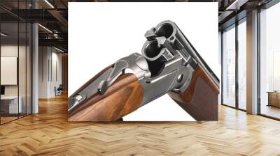 Double-barreled shotgun isolate on a white back. Smooth-bore weapons with vertical barrels. A sporting or hunting shotgun with a wooden stock. Wall mural