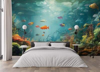 Fish in freshwater aquarium with beautiful planted tropical. Colorful art back Wall mural