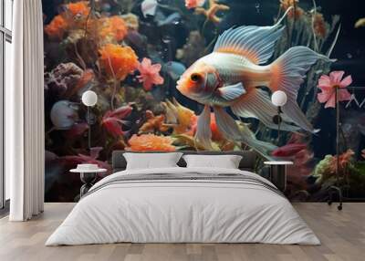 Fish in freshwater aquarium with beautiful planted tropical. Colorful back Wall mural