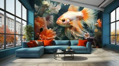 Fish in freshwater aquarium with beautiful planted tropical. Colorful back Wall mural