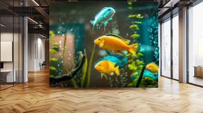 Goldfish in freshwater aquarium with green beautiful planted tropical. fish in freshwater aquarium with green beautiful planted tropical.  Colorful fish on green background. Wall mural