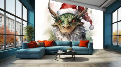 Green dragon in a red Santa Claus hat painted with watercolors. Mythical fantasy animal. Symbol of the new year 2024. Wall mural