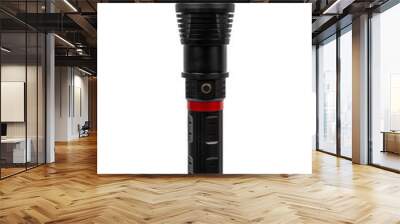 Modern metal LED flashlight in black color. Portable flashlight isolate on a white back Wall mural