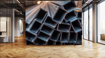 Steel bar for construction.Metal pipe profile. Stock photo of metal beams. Wall mural