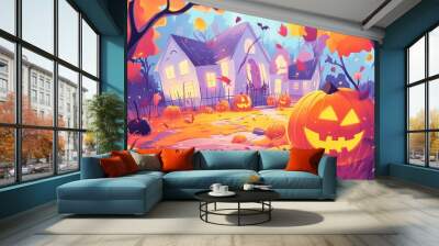 A glowing jack-o'-lantern in a mystical forest during the twilight of Halloween night Wall mural