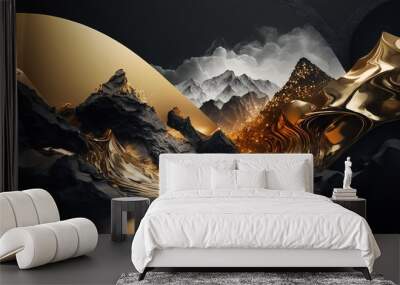 An abstract landscape featuring flowing golden rivers through dramatic dark mountains in an ethereal twilight setting Wall mural