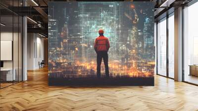 A figure in a hard hat gazes at a futuristic city skyline illuminated by vibrant lights and digital overlays, symbolizing innovation and progress. Wall mural