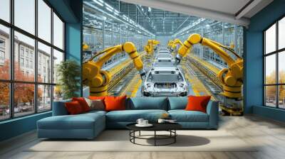 A modern automotive assembly line featuring robotic arms working on car manufacturing. Wall mural