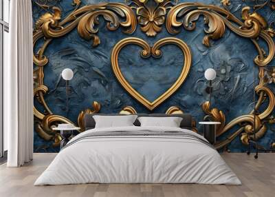 Discover a luxurious blue art deco heart illustration, adorned with intricate gold decorations on a rich blue background, perfect for elegant design needs Wall mural