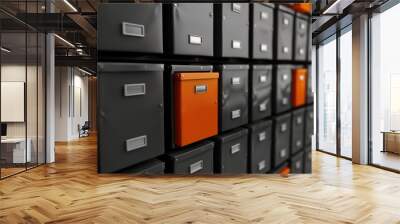 Many dark gray file cabinets; one orange cabinet is prominent.

 Wall mural