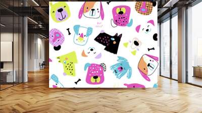 Cartoon creative dog faces on white seamless pattern. Childish texture Wall mural