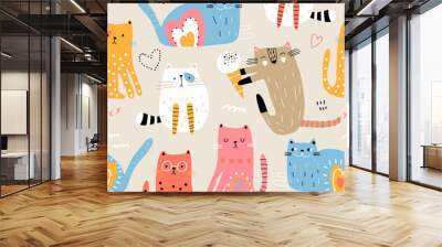 Cartoon seamless pattern with colorful cats. Kittens with ice cream, hearts. Childish texture for fabric, textile, apparel, wallpaper. Vector illustration Wall mural