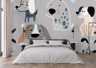 Childish seamless pattern with funny creative dogs. Trendy scandinavian vector background. Perfect for kids apparel,fabric, textile, nursery decoration,wrapping paper Wall mural