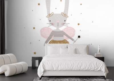 Cute cartoon bunny fairy. Rabbit bellerina with wings. Childish print for nursery, kids apparel,poster, postcard. Vector Illustration Wall mural