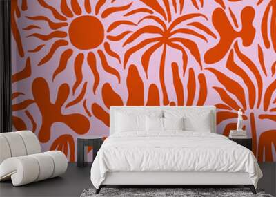 Seamless abstract pattern with sun, palm tree, leaves. Summer sunset texture. Vector illustration Wall mural