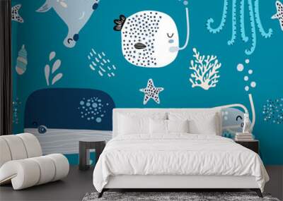 Seamless childish pattern with fishes, whale, octopus. Creative scandinavian style under see kids texture for fabric, wrapping, textile, wallpaper, apparel. Vector illustration Wall mural